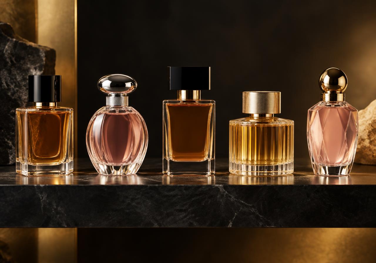 Coleção ilustrativa de perfumes importados